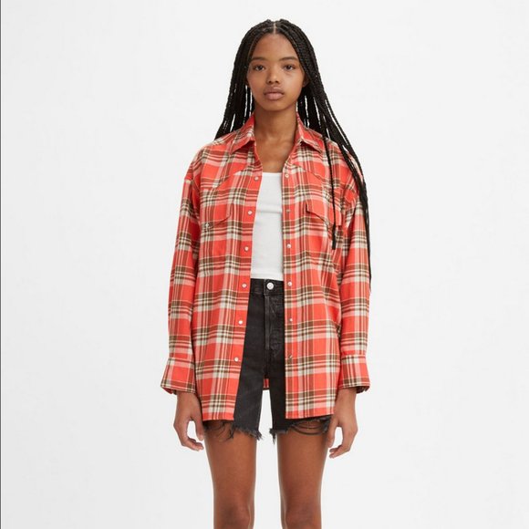 Women's Dylan Oversized Western Shirt Kelsey Plaid Burnt Sienna NWT NEW - Picture 1 of 9